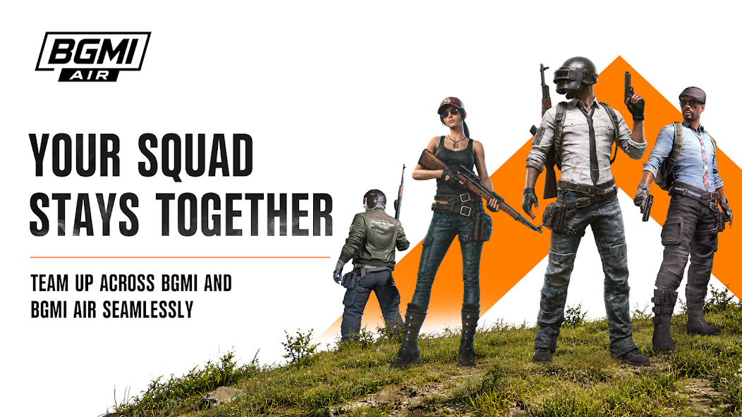 BGMI Air key art of a four-person squad with the line Your squad stays together
