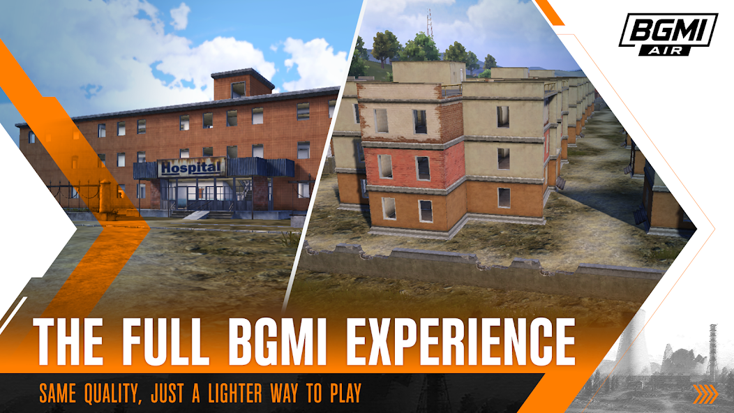 BGMI Air screenshot comparing a hospital and apartment building with the line The full BGMI experience