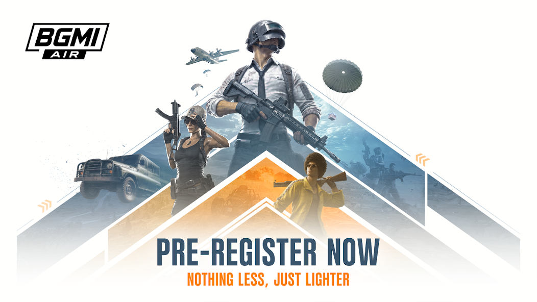 BGMI Air key art of a squad dropping in with the line Pre-register now